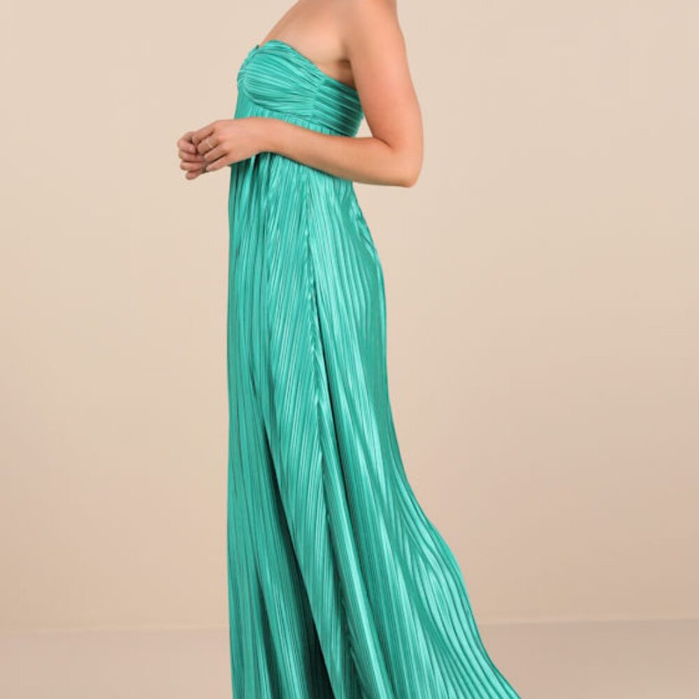 Lulus Whimsical Beauty Teal Green Satin Plisse Strapless Maxi Dress - Size M